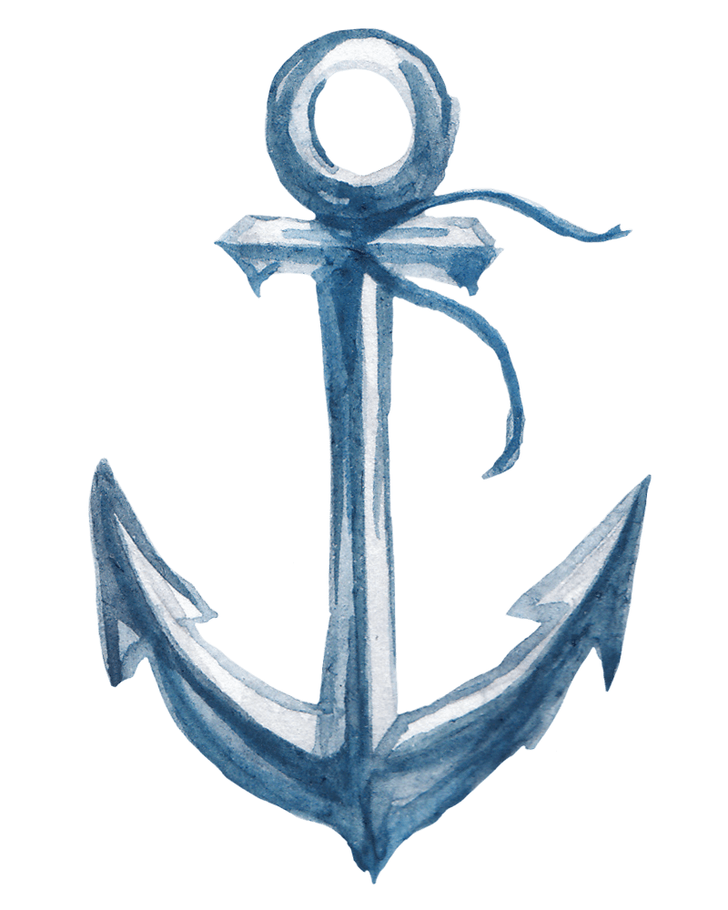 Watercolor blue anchor illustration with ribbon, nautical theme, maritime decor, ocean-inspired design.