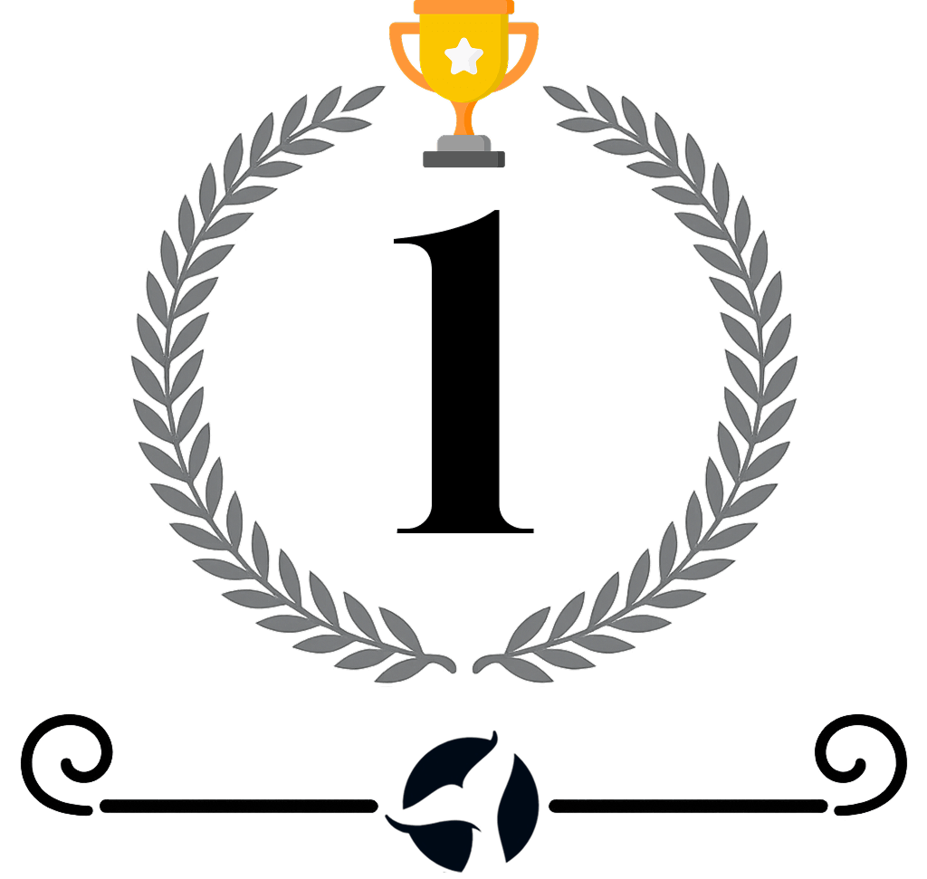 Laurel wreath encircling number one with trophy on top, symbolizing victory and achievement in a competitive group setting.
