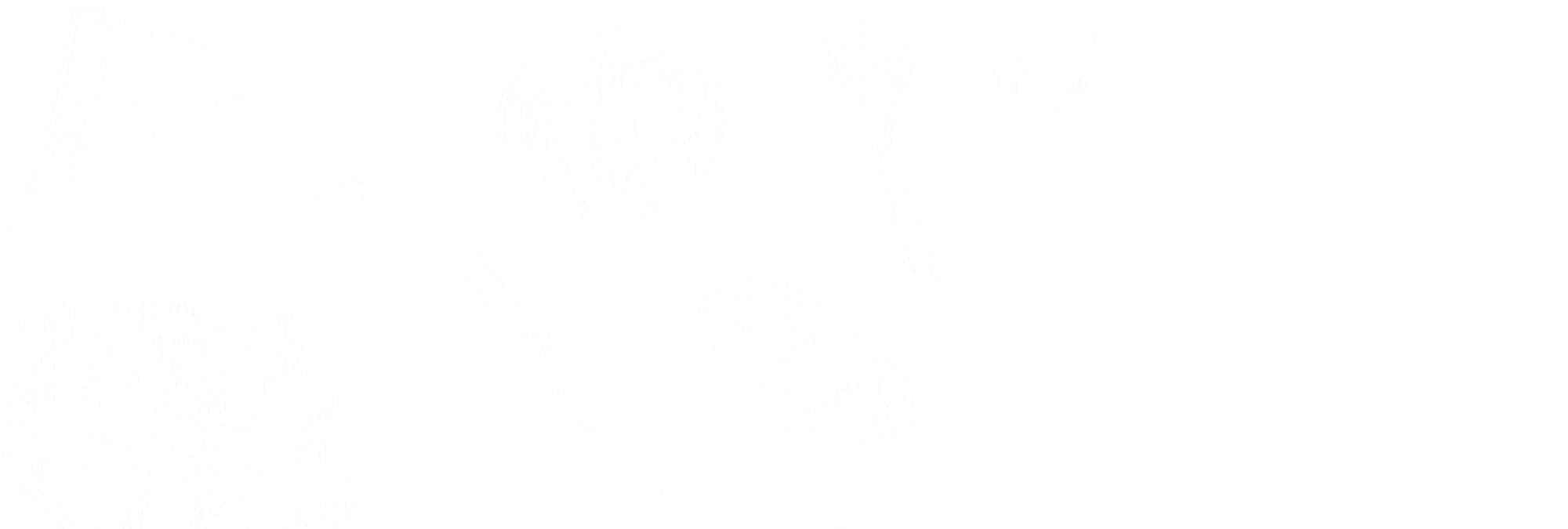 Hand-drawn food illustrations: pizza slice, pasta bowl, spoon, bread, salad, cutlery, and leaf on black background.